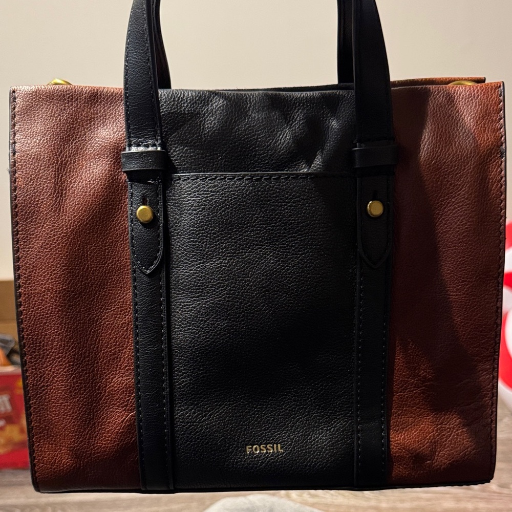 Fossil Two-Tone Black and Brown Leather Tote